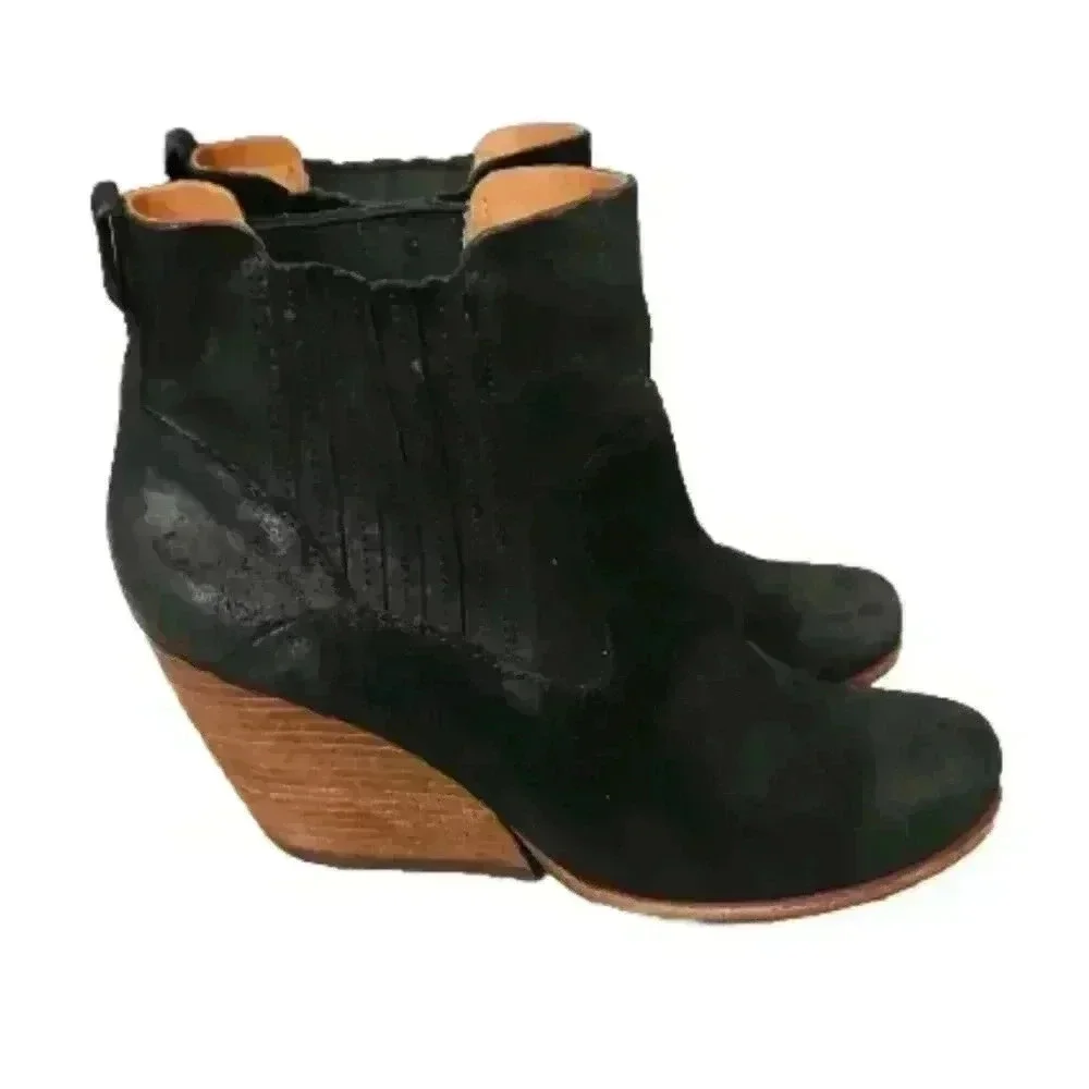 KORK-EASE Women's Black Suede Chandra Stacked Wooden Heel Boot 8